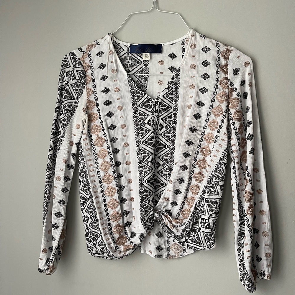 White black and rose gold embroidered tie front blouse